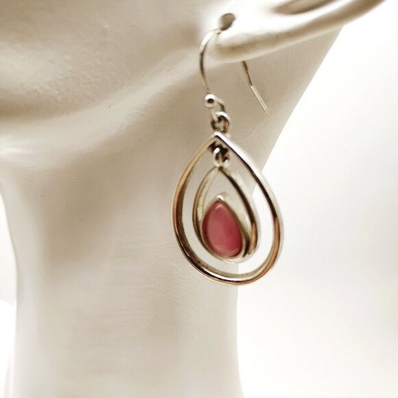 Lia Sophia Teardrop Dangle Earrings Pink Rose Glass Stone Silvertone Double Hoop - Picture 1 of 11